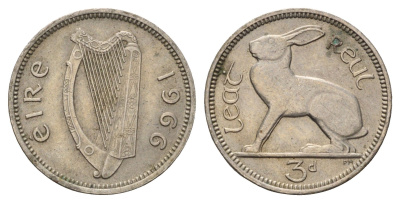 Ирландия 3 пенса 1966 заяц KM 12a медно-никель 4682-546
