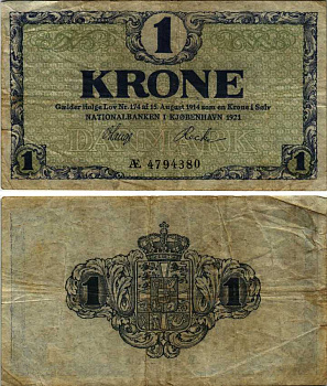 Дания 1 крона 1921 серия АЕ Pick 12f бумага 7183-34-3-1