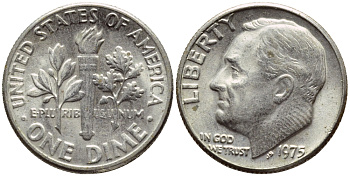 США 10 ЦЕНТОВ = 1 ДАЙМ 1975 РУЗВЕЛЬТ KM 195а медь плакированная медно-никелем 4396-441