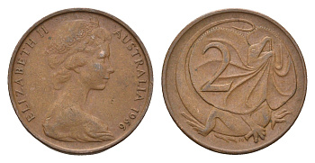 Австралия 2 цента 1966 Елизавета II (1952-2022), плащеносная ящерица KM 63 бронза 4669-1162