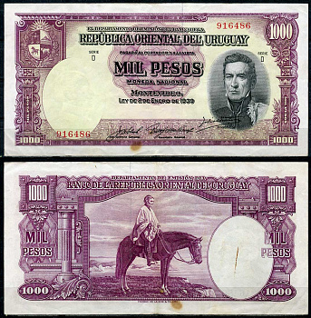 Уругвай 1000 песо 1939 Хосе Хервасио Артигас, генерал на коне, серия D Pick 41 c  бумага   444-135-2-2