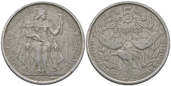 Французская Новая Каледония 5 франков 1952 птица кагу, (IEOM) KM 4, Schoen 4, Lec 71 алюминий 180-141