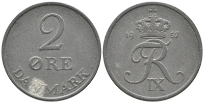 Дания 2 эре 1957 C; S, Фредерик IX (1947-1972) KM 840.2 цинк 34-511