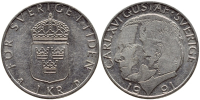 Швеция 1 крона 1991 Карл XVI Густав (1973- ) KM 852a медно-никель 4384-152