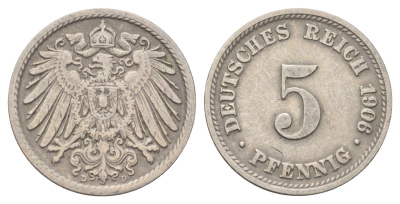 Германия 5 пфеннигов 1906 D KM 11, J. 12 медно-никель 4701-1037