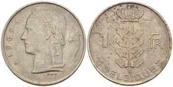 БЕЛЬГИЯ 1 ФРАНК 1967 BELGIQUE, БОДУЭН I (1951-1993) KM 142.1 медно-никель 202-1032