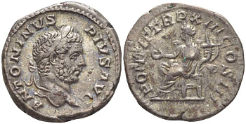 Римская Империя денарий 210 Каракалла, ANTONINVS PIVS AVG, бюст императора / PONTIF TRP XIII COS III, Конкордия, персонификация Согласия, Рим, 3,94 гр RIC 116a серебро 1073-18-82