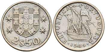 Португалия 2,5 эскудо 1984 парусник KM 590 медно-никель    4160-1229