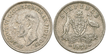 Австралия 6 пенсов 1951 PL, Георг V (1936-1952) KM 45 серебро 4623-241