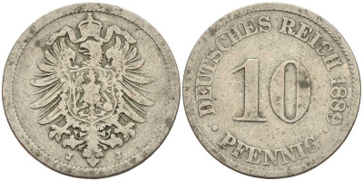 ГЕРМАНИЯ 10 ПФЕННИГОВ 1889 J, СТАРОГЕРБОВКА KM 4, J. 4 медно-никель 4401-333