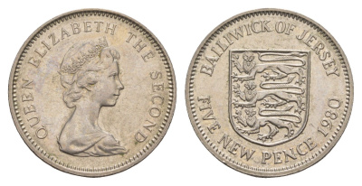 Джерси 5 новых пенсов 1980 герб, Елизавета II (1952-2022) KM 32 медно-никель  UNC  4660-225