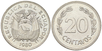 Эквадор 20 сентаво 1980 KM 77.2a сталь плакированная никелем aUNC 4611-715