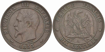 ФРАНЦИЯ 10 САНТИМОВ 1855 A, НАПОЛЕОН III (1852-1870) KM 771.1, LE FRANC 133.18 бронза 38-1123