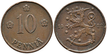 Финляндия 10 пенни 1922 республика (1918-1962) KM 24 медь 34-1037