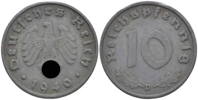 ГЕРМАНИЯ 10 РЕЙХСПФЕННИГОВ 1940 D KM 101, J. 371 цинк 4401-834