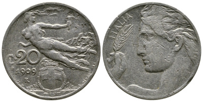 Италия 20 чентезимо 1909 R, Виктор Эммануил III (1900-1946) KM 44 никель 4622-343