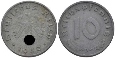 ГЕРМАНИЯ 10 РЕЙХСПФЕННИГОВ 1940 D KM 101, J. 371 цинк 4401-832