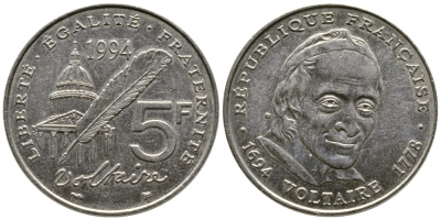 Франция 5 франков 1994 300 лет со дня рождения Вольтера KM 1063, Le Franc 344.2 медно-никель плакированный никелем 91-145