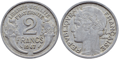 Франция 2 франка 1947 KM 886а.1 алюминий 4397-744