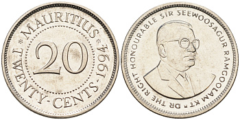 Маврикий 20 центов 1994 Сивусагур Рамгулам KM 53 сталь плакированная никелем UNC 4588-324
