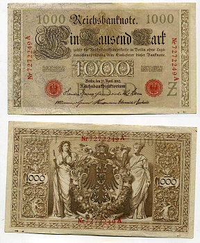 Германия 1000 марок 1910 красная печать, 7 значный номер Pick 44 b  бумага   8610-33-1-2