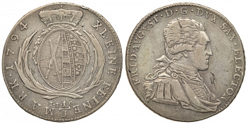 САКСОНИЯ 1/3 ТАЛЕРА 1794 IEC, ФРИДРИХ АВГУСТ III (1763-1806) KM 1024 (C113), Buck 199d, Slg. Merseburger 1976, Schnee 1094, Davenport 2703, M?seler 56.1.4/39 серебро 000-000