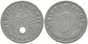 ГЕРМАНИЯ 1 РЕЙХСПФЕННИГ 1942 A KM 97, J. 369 цинк 206-1144