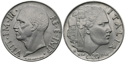 ИТАЛИЯ 20 ЧЕНТЕЗИМО 1941 R, ВИКТОР ИМАНУИЛ, XIX ГОД KM 75b нержавеющая сталь 98-135