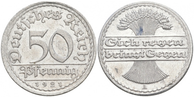 ГЕРМАНИЯ 50 ПФЕННИГОВ 1921 A KM 27, J. 301 алюминий 73-1623