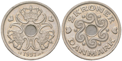 Дания 2 кроны 1997 LG, Маргрете II (1972-) KM 874 медно-никель aUNC 216-331