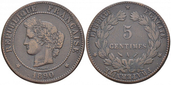 ФРАНЦИЯ 5 САНТИМОВ 1890 A, ТРЕТЬЯ РЕСПУБЛИКА (1871-1940) KM 821.1, LE FRANC 118.33 бронза 4448-147