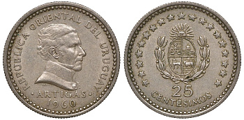 Уругвай 25 сентесимо 1960 KM 40 медно-никель 4169-1016