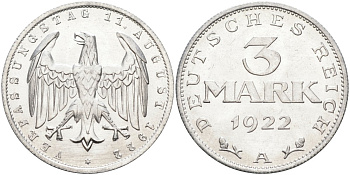 Германия 3 марки 1922 A, третья годовщина Веймарской Конституции KM 29, J.303 алюминий UNC 4587-226