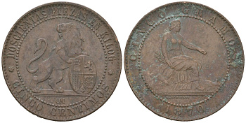 Испания 5 сентимо 1870 ОМ, лев со щитом KM 662 бронза 113-1021