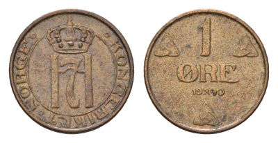 Норвегия 1 эре 1940 Хокон VII (1905-1957) KM 367 бронза 4625-864