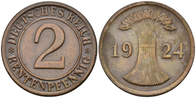 Германия 2 рентенпфеннига 1924 D KM 31, J.307, Weege 3 медь 4584-616