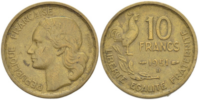 Франция 10 франков 1951 B, петух KM 915.2, Le Franc 363.5 алюминиевая бронза 4525-957