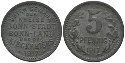 Бонн и Зигкрайс (Пруссия, Рейн) 5 пфеннигов 1917  Funck 52.1, Men05 3234.1, Men18 4150.1 цинк     4136-117
