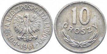 ПОЛЬША 10 ГРОШЕЙ 1961 MW KM АА47 алюминий 112-369