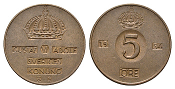 Швеция 5 эре 1954 Густав VI Адольф (1950-1973) KM 54.3 бронза 4648-815