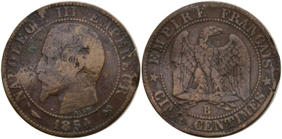 Франция 5 сантимов 1854 B, Наполеон III (1852-1870) KM 777.1, Le Franc 116 бронза 4187-1023
