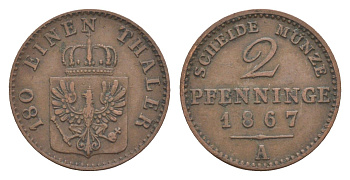 Пруссия 2 пфеннига 1867 A, Вильгельм I (1861-1888) KM 481, Jaeger 51, AKS 107, Olding 425 медь 4651-318
