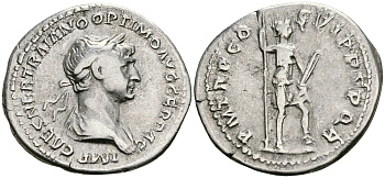 Римская Империя денарий 114 - 117 Траян PM TR P COS VI PP SPQR Виртута, персонификация Доблести Рим Very fine RIC 355 серебро 1073-4-46