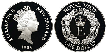 Новая Зеландия 1 доллар 1986 Королевский визит, Елизавета II (1952-2022), в оригинальной коробке KM 56а серебро PROOF 7-4-1-44