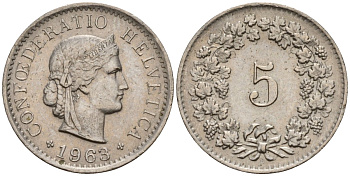 Швейцария 5 раппенов 1963 B KM 26 медно-никель 4189-334