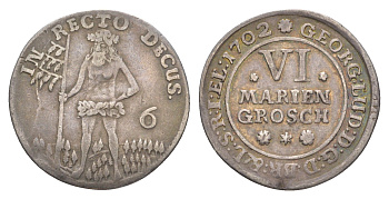 Брауншвейг-Каленберг-Ганновер 6 мариенгрошей 1702 дикарь, Георг I (1698-1727), из коллекции Ричарда Б. Смита KM 11, Welter 2179 серебро 1525-344