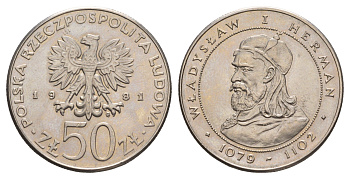 Польша 50 злотых 1981 Польские правители - Князь Владислав I Герман Y 128 медно-никель UNC 4653-721