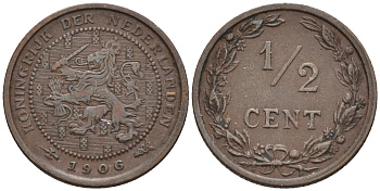 Нидерланды 1/2 цента 1906 Вильгельмина (1890-1948) KM 133 бронза    4169-234