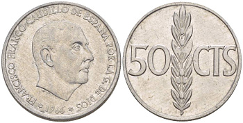 Испания 50 сентимо 1966 (68) Франсиско Франко (1939-1975) KM 795 алюминий 4551-946