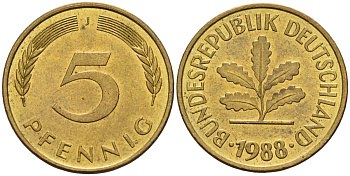 ФРГ 5 пфеннигов 1988 J KM 107, J.382 сталь плакированная латунью 4174-1068